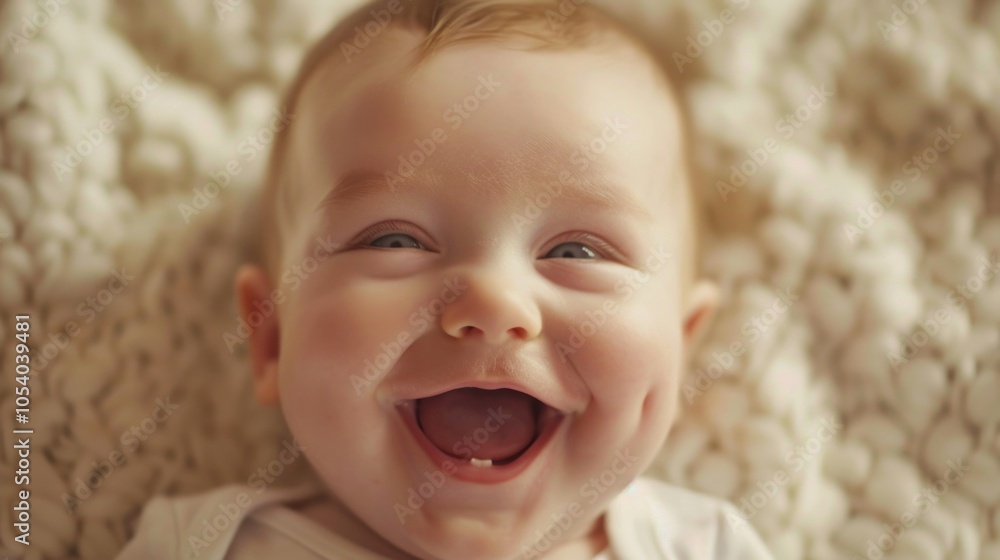 Poster baby is smiling and laughing while laying on a blanket. the baby's eyes are wide open and its mouth 