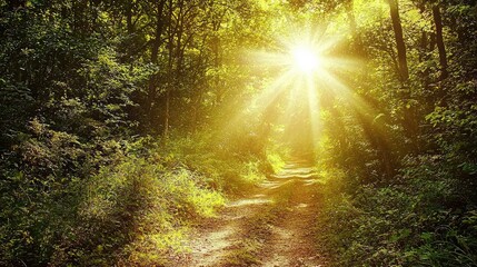 Obraz premium Sunlit Hiking Trail in a Lush Forest Setting