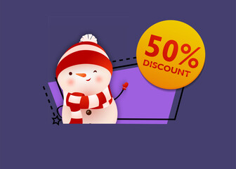Discount coupon with winking snowman. Creative design of round yellow sale sign with cartoon character of snowman on abstract background. Can be used for posters, banners, coupons