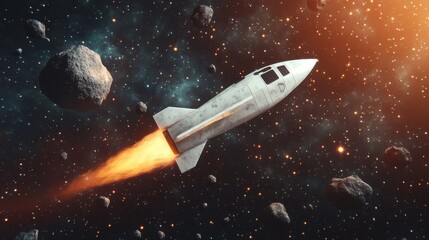 Fototapeta premium Cartoon Spaceship Zooming Through Asteroids in Space