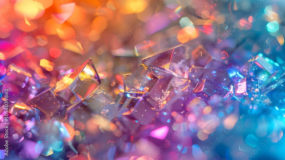 Poster Abstract iridescent background with colorful bokeh and geometric shapes.