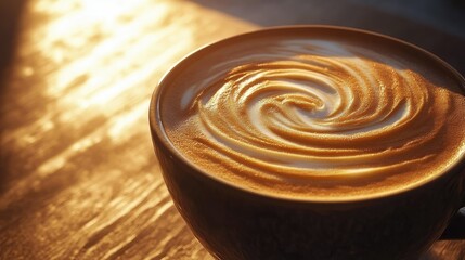 Close-up of a foamy latte in a ceramic cup with swirl latte art, with soft natural light creating a peaceful coffee moment