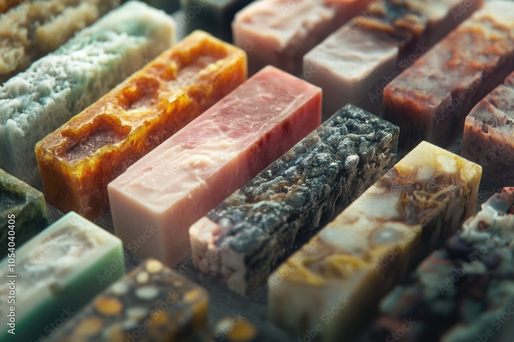 Poster collection of colorful soap bars with different shapes and sizes. concept of variety and creativity,