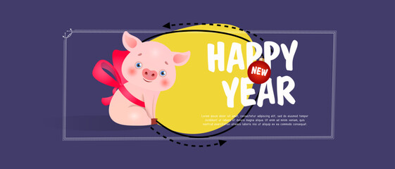Fototapeta premium Happy New Year lettering and piglet with bow. New Year Day greeting card. Handwritten text, calligraphy. For leaflets, brochures, invitations, posters or banners.
