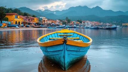 Blue and Yellow Boat in Calm Water at Sunset with a Mountain Range in the Background