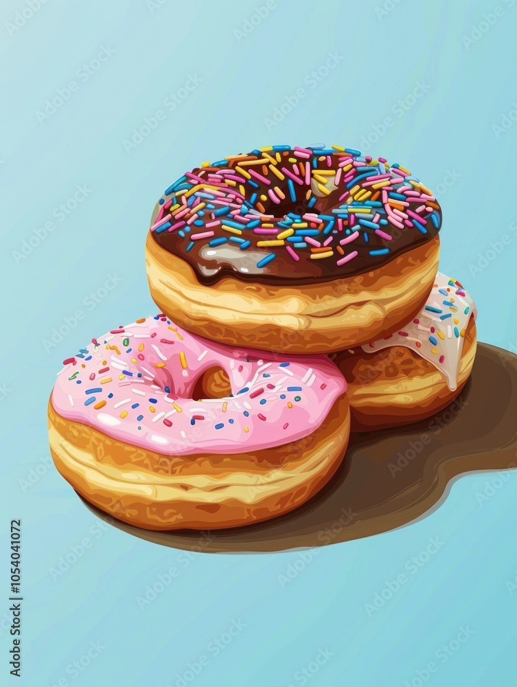 Aufkleber three donuts with sprinkles on top. the donuts are arranged in a stack. the image has a playful and 