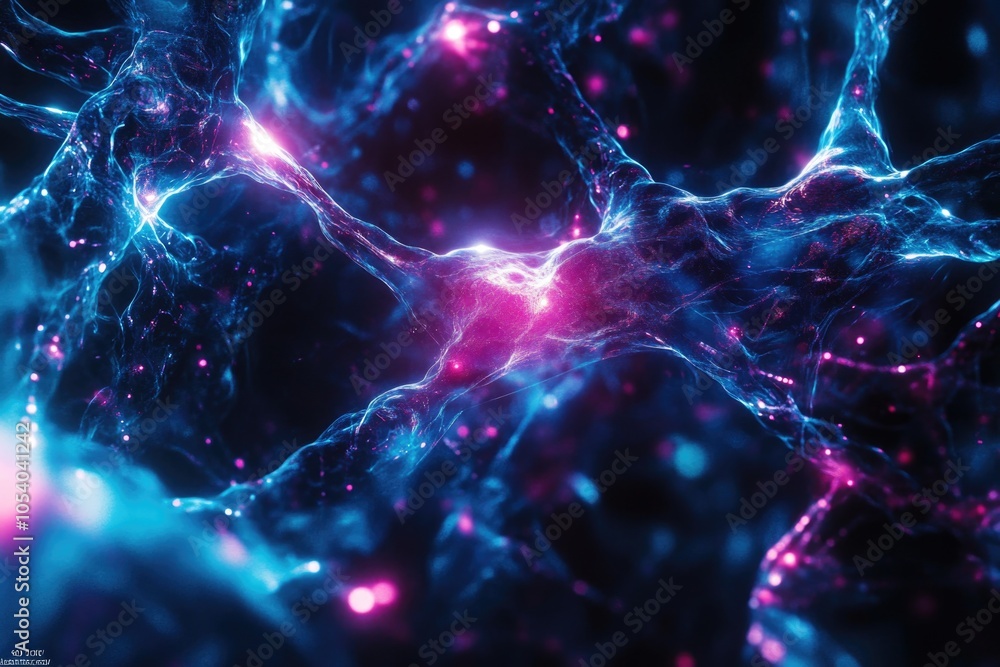 Poster blue and purple image of a brain with many small dots. the image is abstract and has a futuristic fe