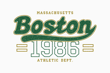 Boston, Massachusetts t-shirt design. College league style tee shirt with inscription with swash. Graphics for athletic clothes. Grunge print for vintage sport apparel. Vector.