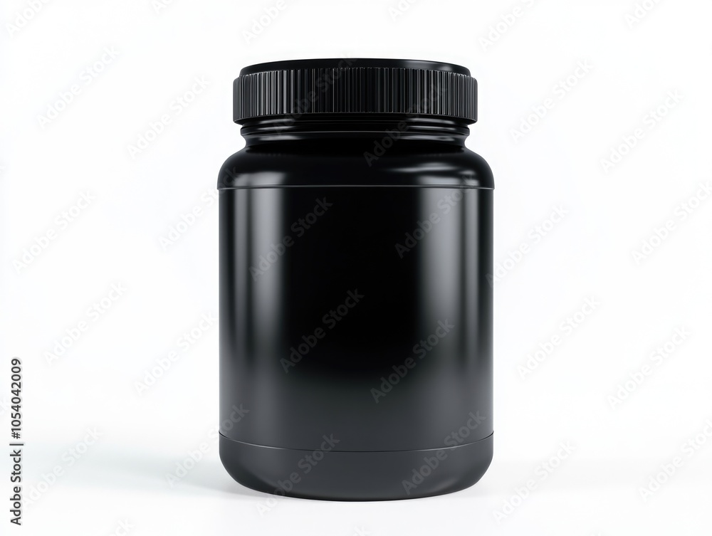Poster black jar with a lid sits on a white background. the jar is empty and has a smooth surface