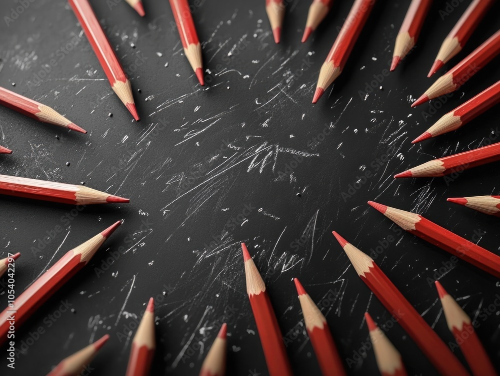 Poster close up of a blackboard with a red circle of pencils in the center. the pencils are arranged in a s