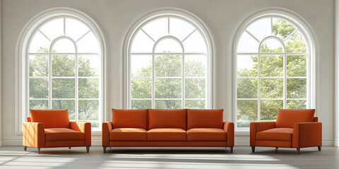 Fototapeta premium Sofa, Terrakotta-Sessel vor Bogenfenstern. Minimalistisches Innendesign eines modernen Wohnzimmers. 