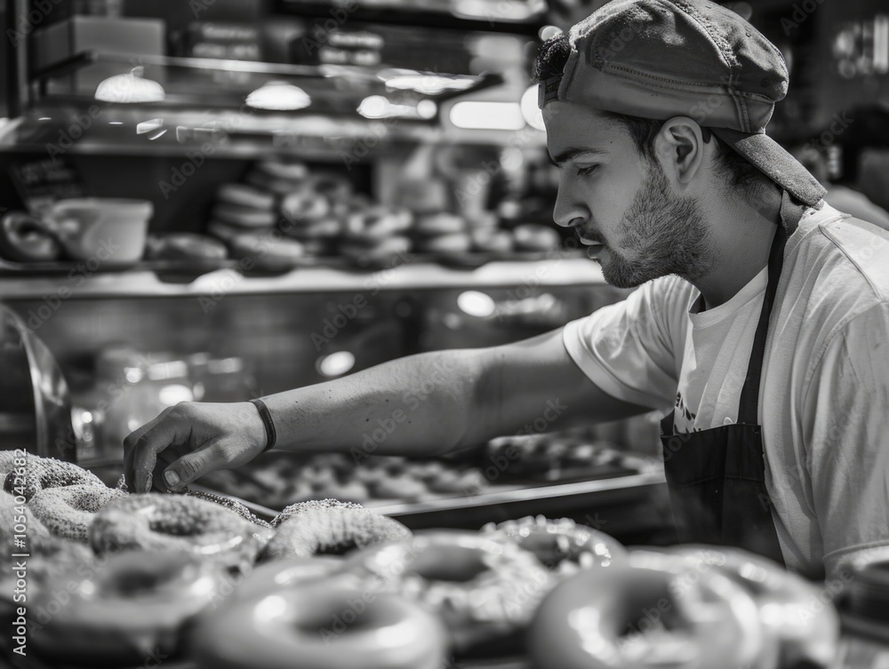 Poster man is working in a bakery, preparing doughnuts. the doughnuts are displayed in a glass case, and th