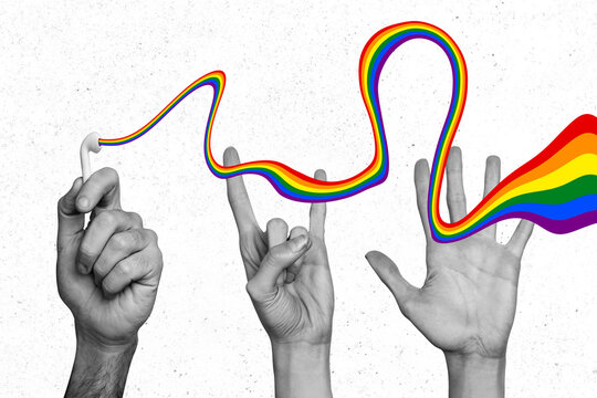 Composite collage picture image of people arms earphones wave rock symbol lgbt rainbow isolated on creative background - Powered by Adobe