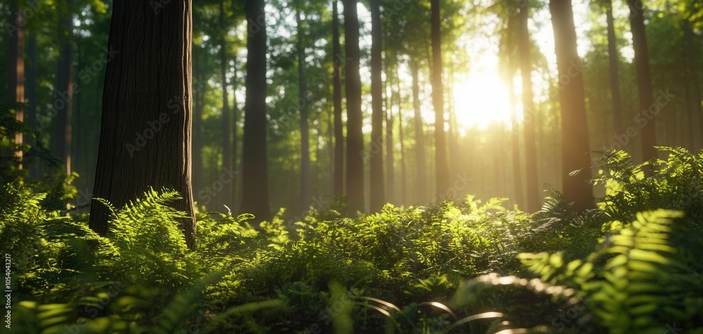 Poster sunlight filtering through trees in lush green forest with ferns on the ground.