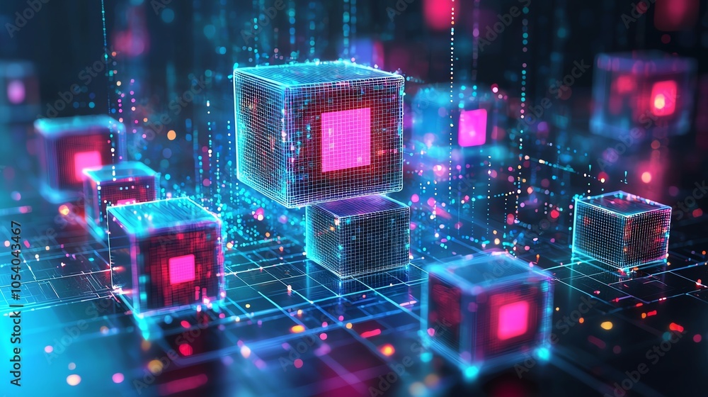 Poster concept of data extraction with cubes transforming to different shapes, representing etl, clean, lig