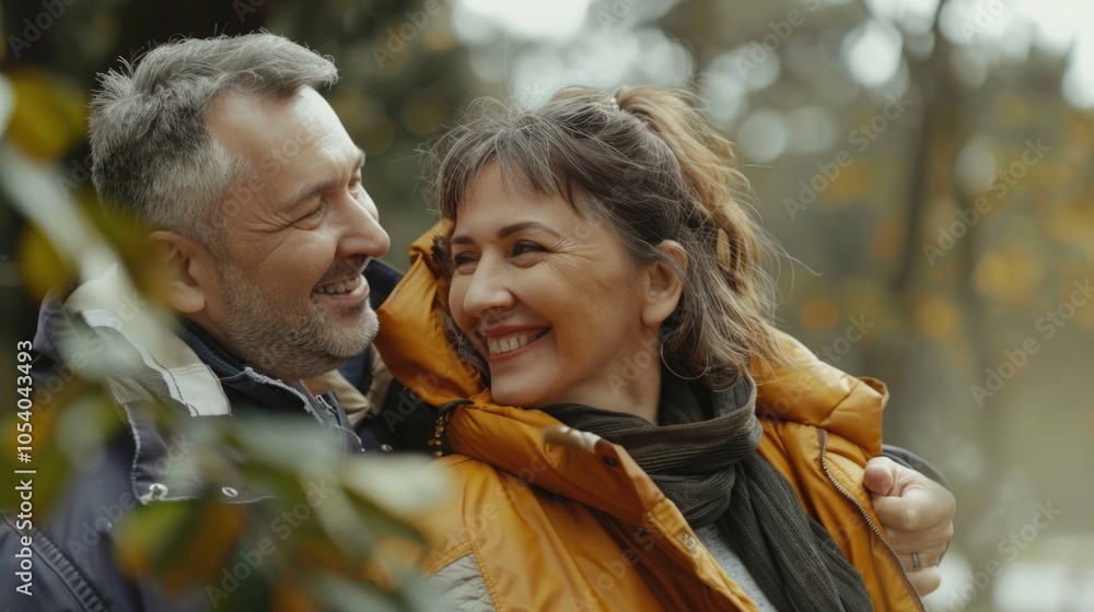 Poster man and woman are hugging each other in the woods. they are both smiling and seem to be enjoying eac
