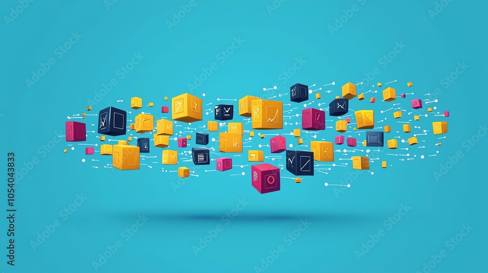 Poster data extraction visual in etl, raw cubes turning into refined shapes, clean flat design, isolated ba