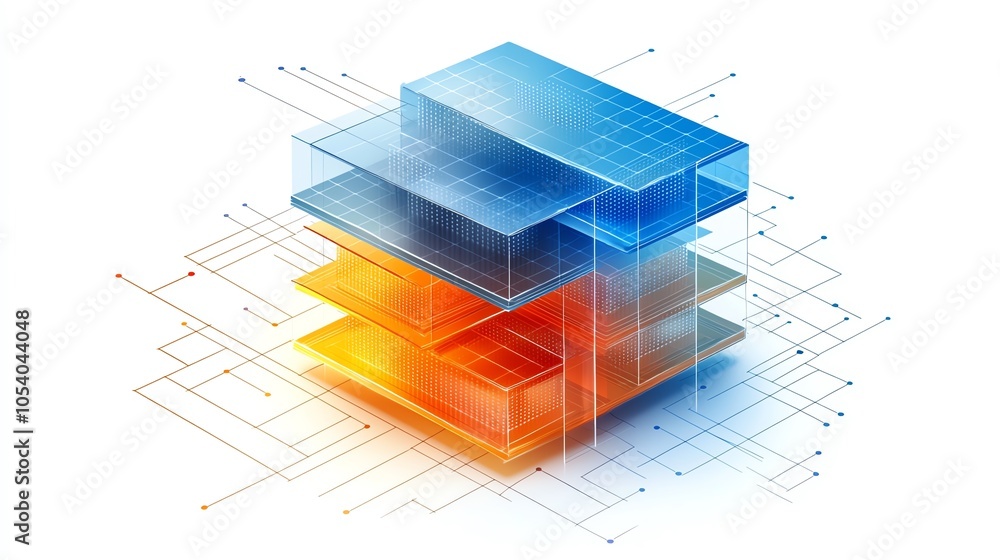Poster diagram of etl as data cubes passing through transformation layers, blue and orange theme, clean mod