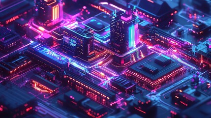 Obraz premium ETL architecture with multiple data layers, 3D isometric view, tech modern style, neon highlights, gradient background