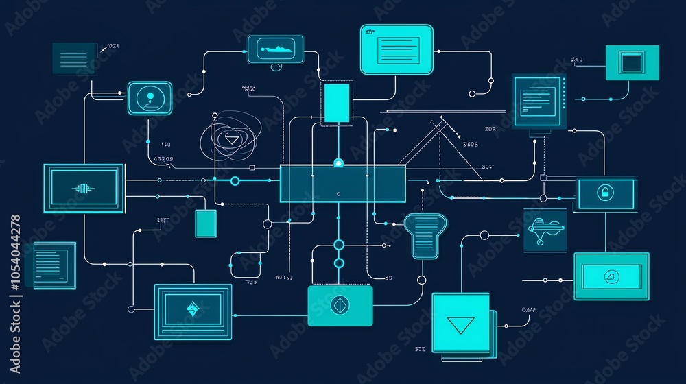 Poster etl diagram showing data transformation as abstract shapes changing forms, blue and teal color palet