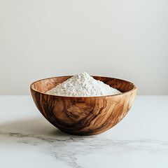 Rustic wooden bowl filled with white flour