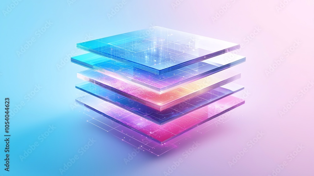 Poster etl process visual as stacked data layers transforming shapes, vibrant pastel color, isolated backgr