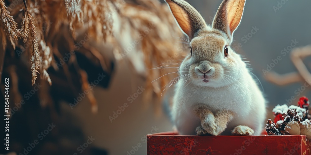 Poster white rabbit is sitting in a red box. the rabbit is looking at the camera. the scene is set in a win