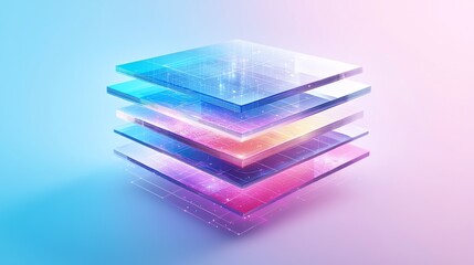 ETL process visual as stacked data layers transforming shapes, vibrant pastel color, isolated background