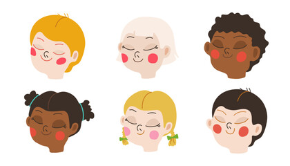 Illustration set of kid faces including boys, girls, white, asian, and African American children.