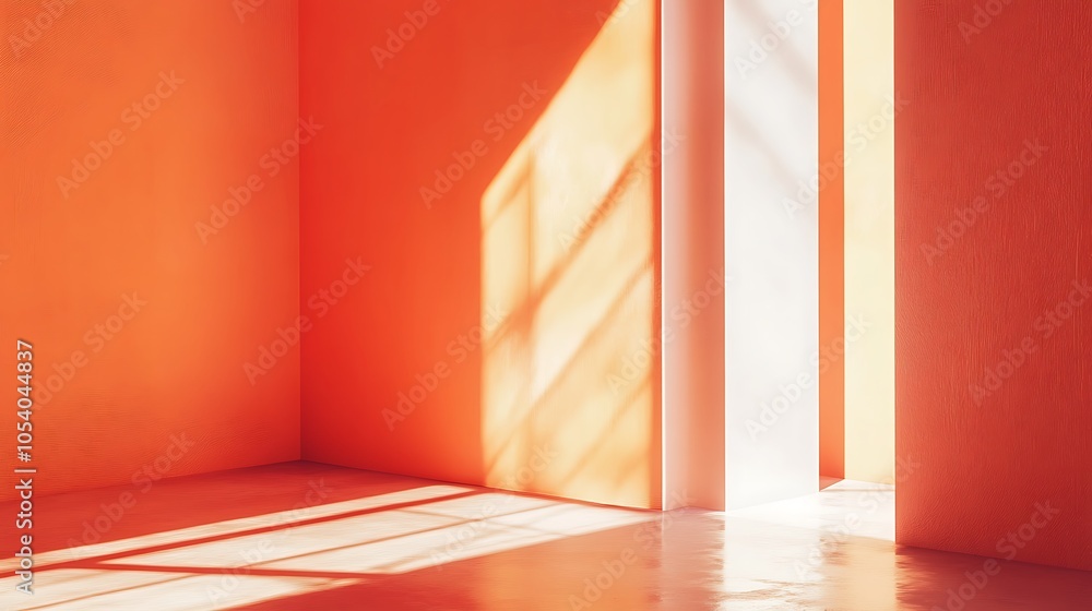Poster sunlight streams through a window casting shadows on an orange wall.