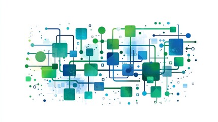 Flat ETL data pipeline illustration, modular blocks connected, green and blue color palette, white background