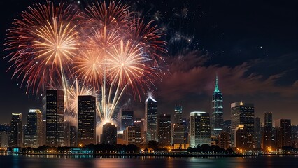 Obraz premium Vibrant Night Sky with Colorful Fireworks Over City