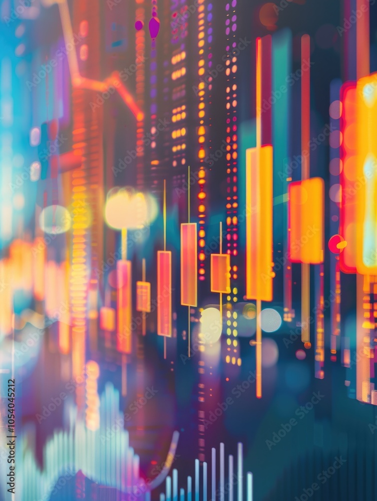 Poster colorful image of a city skyline with a lot of different colored lines and shapes. scene is vibrant 