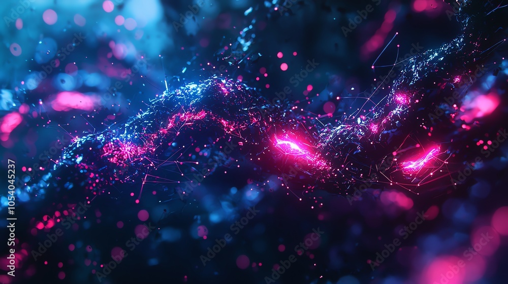 Poster futuristic etl pipeline as a series of nodes with flowing data lines, neon lights, dark background, 