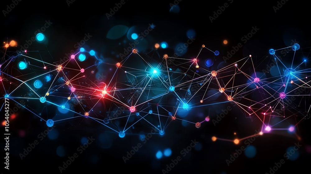 Poster futuristic etl pipeline as a series of nodes with flowing data lines, neon lights, dark background, 