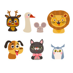 Obraz premium Set of cute animal head vector illustration deer, goose, mouse, lion, dog, cat, owl