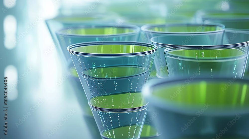 Poster hightech representation of etl as data streams flowing through funnel stages, green and blue theme, 