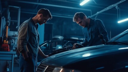 Fototapeta premium Car service. Mechanic and customer. Excellent cooperation