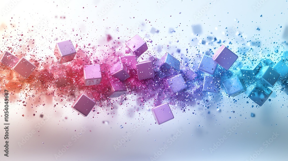 Poster visual of data extraction with cubes turning into spheres, symbolizing transformation, soft pastel c