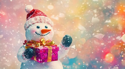 Fototapeta premium Happy snowman with gift box, vibrant holiday background, watercolor style