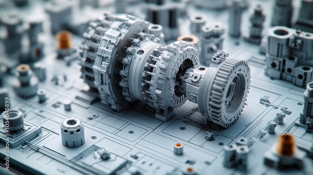 Poster detailed mechanical components on a circuit-like surface.
