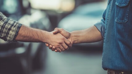 Fototapeta premium Close-up of auto mechanic worker and businessman client hands shaking hands