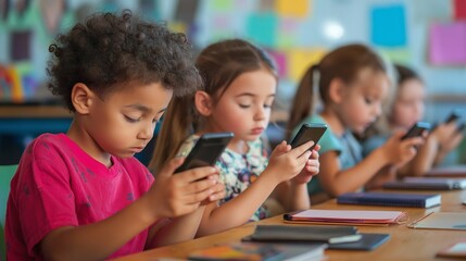 Obraz premium Children intensely engaged with their smartphones in a classroom, surrounded by notebooks