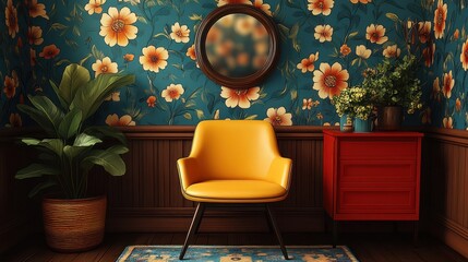A yellow chair in a room with floral wallpaper, a wooden floor, and a red cabinet.