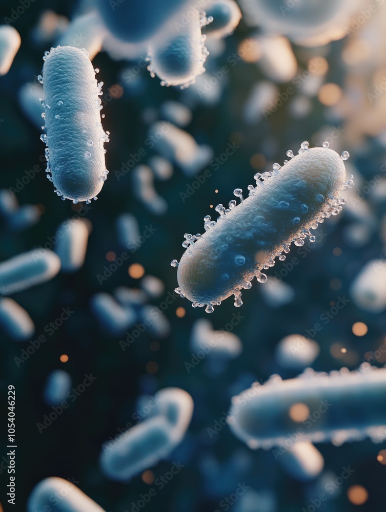 Poster bunch of bacteria are floating in the air. the bacteria are small and white. they are moving around 