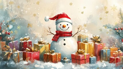 Christmas snowman surrounded by presents, joyful atmosphere, watercolor style