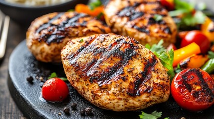 Grilled Chicken with Vegetables on a Black Plate
