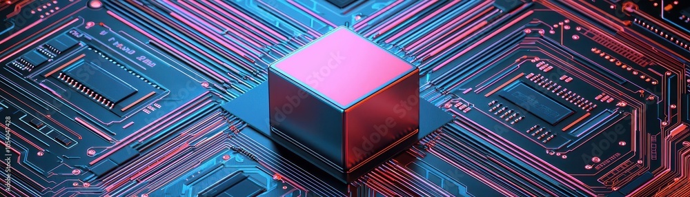 Poster a vivid representation of a microchip on a circuit board, illuminated in vibrant colors, emphasizing