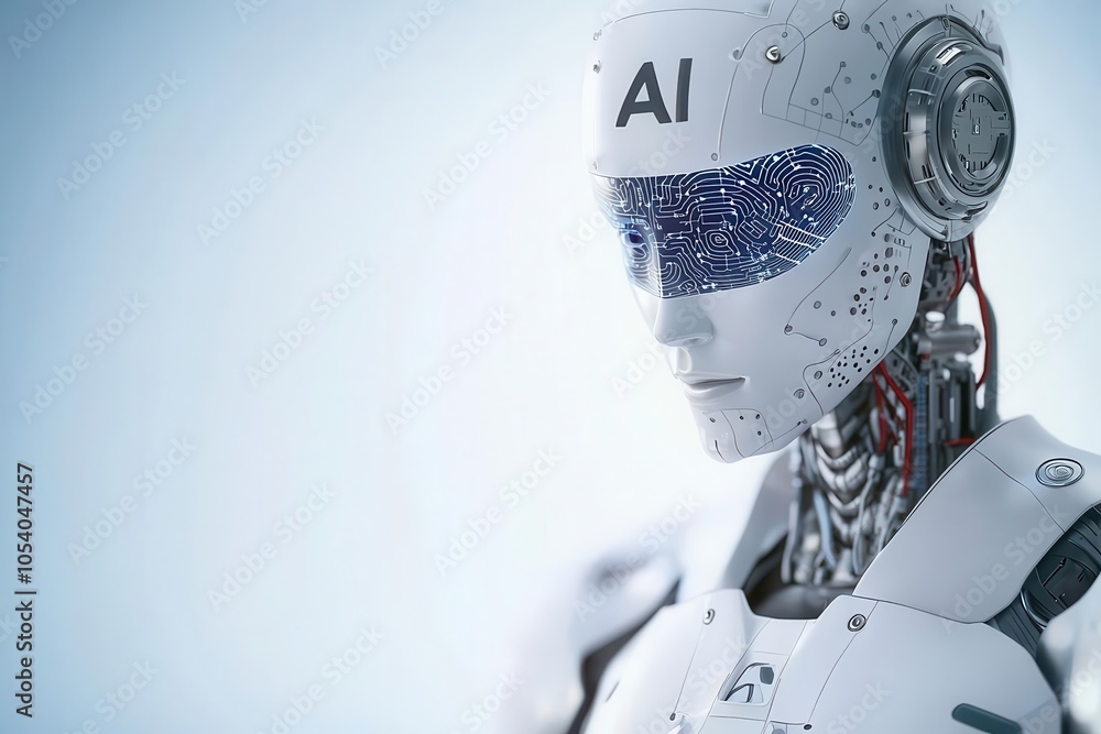 Poster a futuristic robot with an ai label, showcasing intricate circuits and a sleek design, symbolizes th