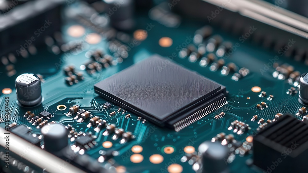 Poster close-up view of a microchip on a circuit board, showcasing intricate electronic components and a mo
